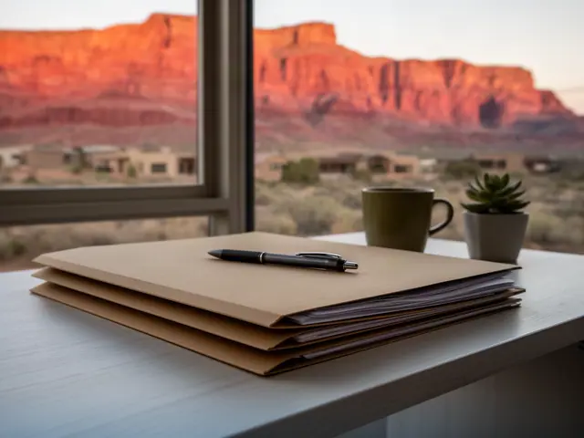 A neat stack of closed manila folders and a pen on a desk by a window.
