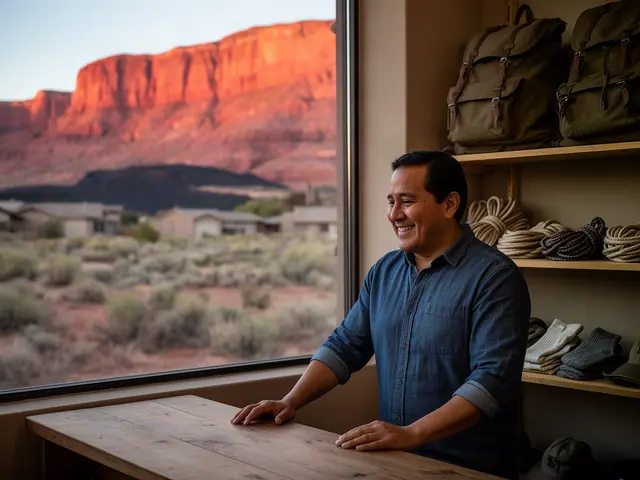A shop owner behind the counter of a small outdoor-gear shop.
