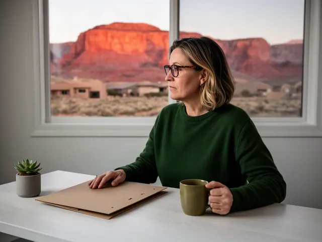 A woman with shoulder-length dark-blonde hair and tortoiseshell glasses at a desk with a folder and a mug in a small back office.