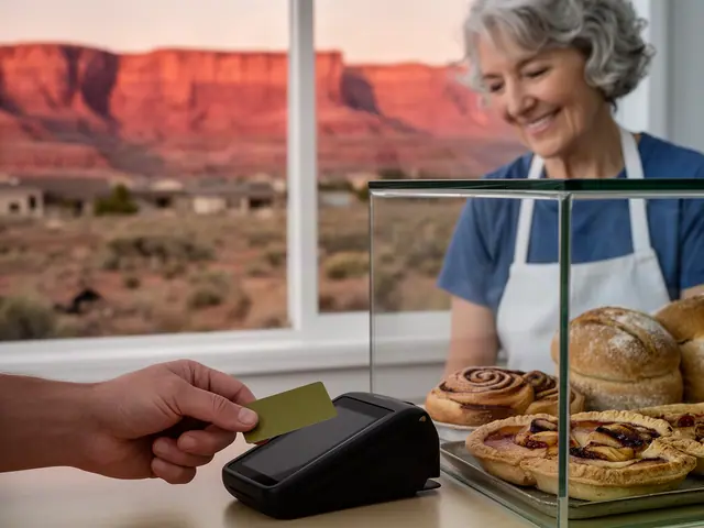 A customer taps a card on a counter terminal at a small bakery.