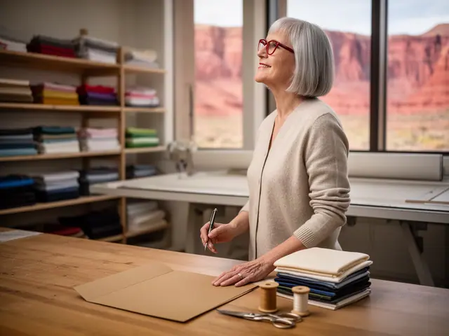 A woman with a silver bob and red-framed glasses at a work table with a closed folder in a small quilting studio.
